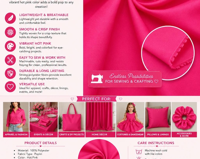 Fuchsia Polyester poplin Fabric By The Yard 58"/60