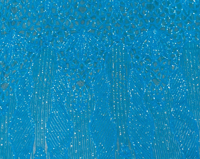 Sequin aqua on aqua mesh , 4-way Stretch, Fabric 54" Sold By the Yard, Wedding, Prom, Dresses, Lingerie, Pageant