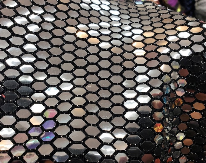 Silver Honeycomb Mirror Sequins on Spandex, 58/60 inch wide, sold by the yard
