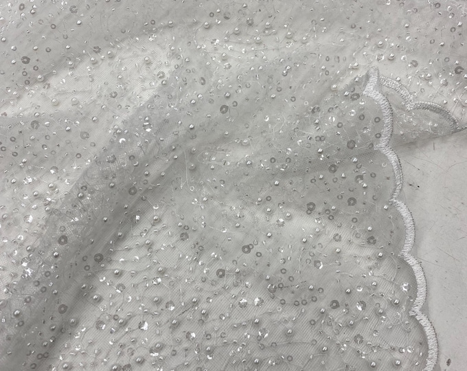 Ivory pearls sequins on mesh fabric, 54 inches wide