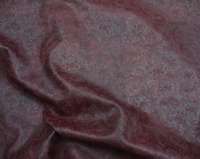 Wine Western Embossed Floral Faux Leather vinyl upholstery fabric per yard
