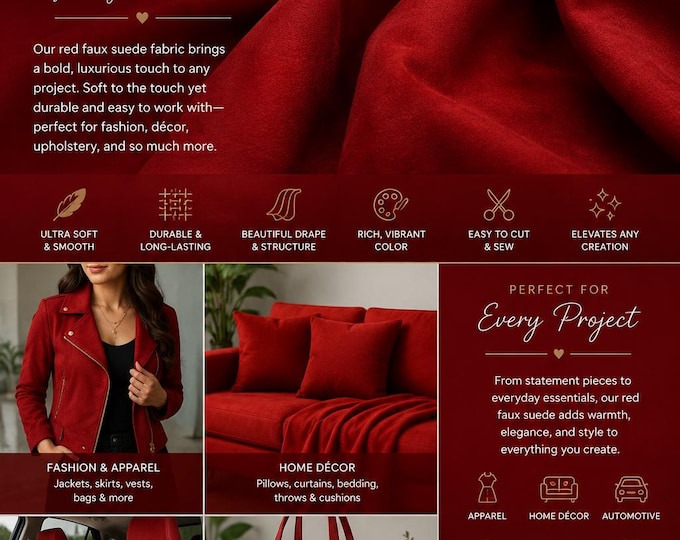 Dark Red  Polyester micro faux suede upholstery fabric by the yard 60" Wide