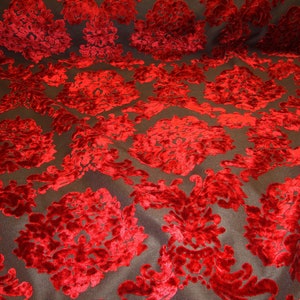 Pode incluir: Tecido de veludo vermelho com um padr&atilde;o de damasco sobre um fundo preto.