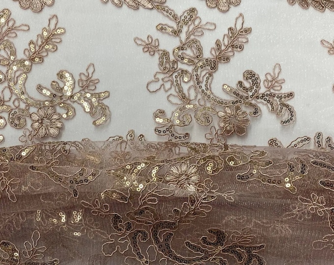 Elena mauve corded Floral lace with sequin Fabric Sold By The Yard