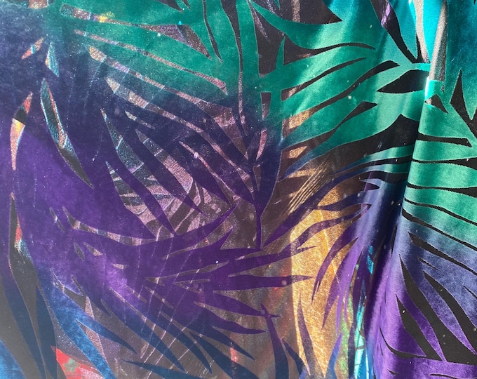 Purple green Burnout Velvet Stretch Leaves Print Fabric sold by the yard. 60” wide