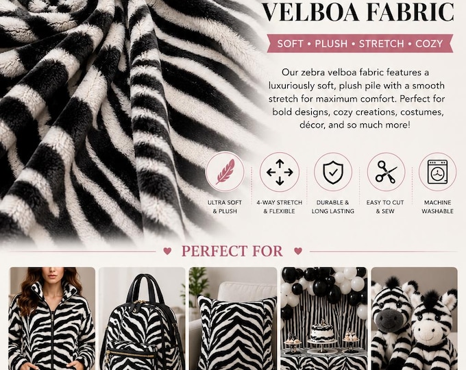 Zebra Large White and Black velbo faux fur fabric per yard
