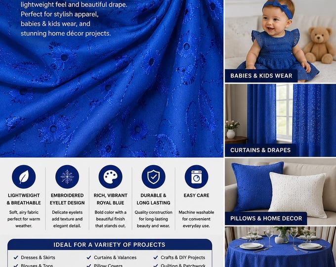 Royal Blue Embroidered Eyelet Fabric, Poly Cotton Blend, 42" Wide, By Yard