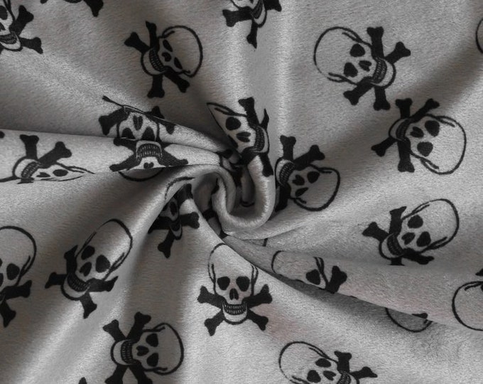 58"  Wide Black skull on gray Velboa Fabric per yard