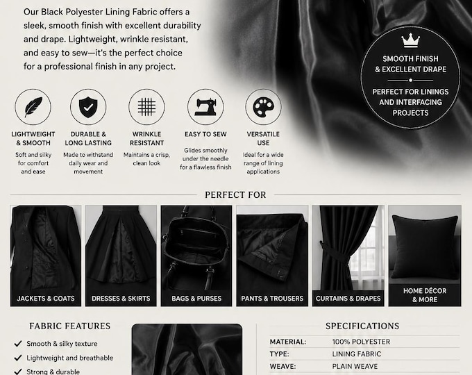 Black Polyester Fabric 60" Wide. Dress Lining,Apparel