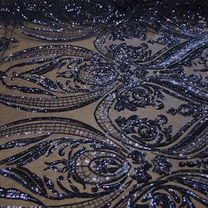 Sequin Victorian Egg/Tulip, Navy, Big Print, Sequin, 4-way Stretch, Fabric 54&quot;