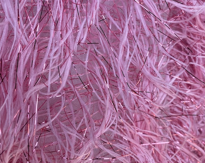 Light pink feather tinsel on mesh fabric per yard 60" wide