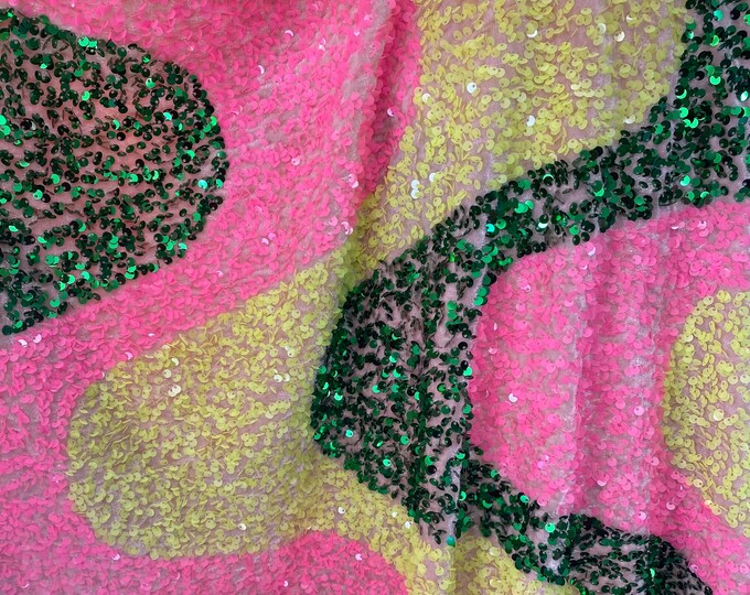 Pink/ yellow sequin Wave Design On green stretch velvet all over 5mm sequins 2-way stretch, sold by the yard.