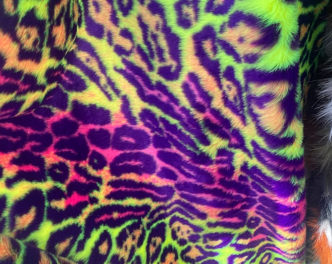 Multi colored Leopard Spotted shaggy short pile faux fur fabric by the yard