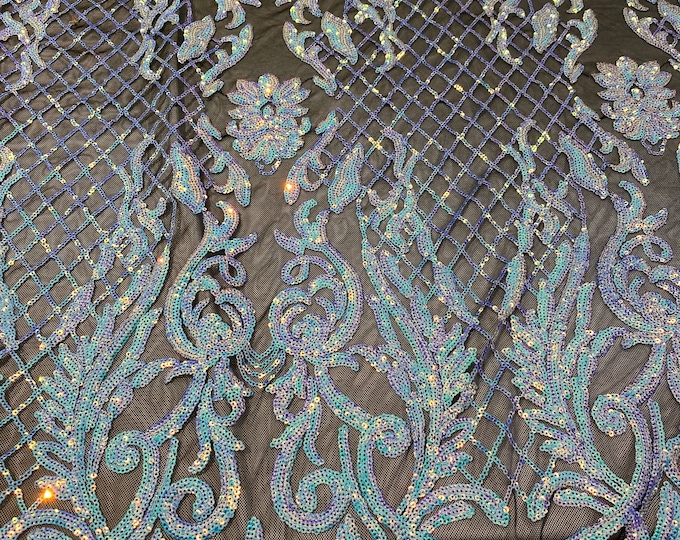 KARMA, Blue/ Purple on black mesh, Big Print, Sequin, 4-way Stretch, Fabric 54" Sold By the Yard
