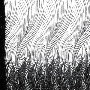 May include: A piece of fabric featuring a black and white design. The lower section displays dense, solid black leaf-like shapes, while the upper section transitions into delicate, sweeping black lines that curve upward against a white background.