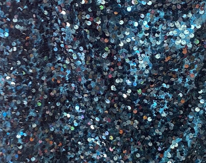 Teal Sequin on Stretch Velvet 4-Way stretch  dance wear home decor fabric by the yard 60" Wide