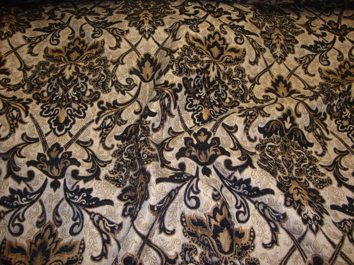 Black Damask Chenille Upholstery Drapery Fabric by the Yard Etsy