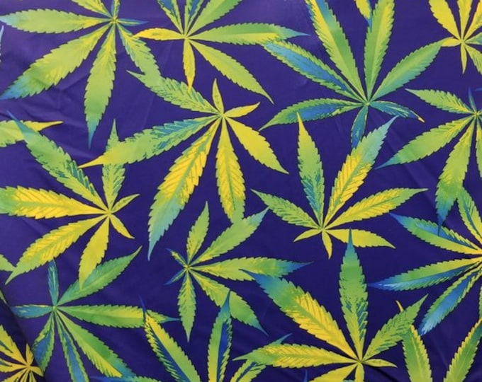 Green yellow blue Nylon spandex multicolored FLOWER  (PLANT) leaves print sold by the yard