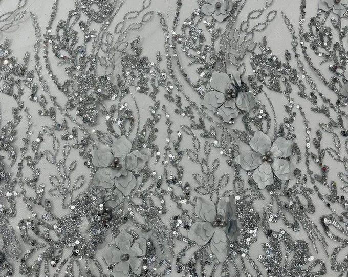 Silver on black 3d glitter floral embroider with pearls mesh lace scalloped, sold by the yard 54” wide