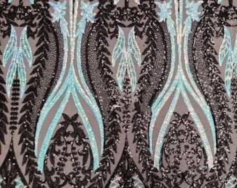 Iridescent Blue & Black Multi Color 4-way Stretch Iridescent Sequin Fabric Embroidered on Spandex Mesh Sold By The Yard
