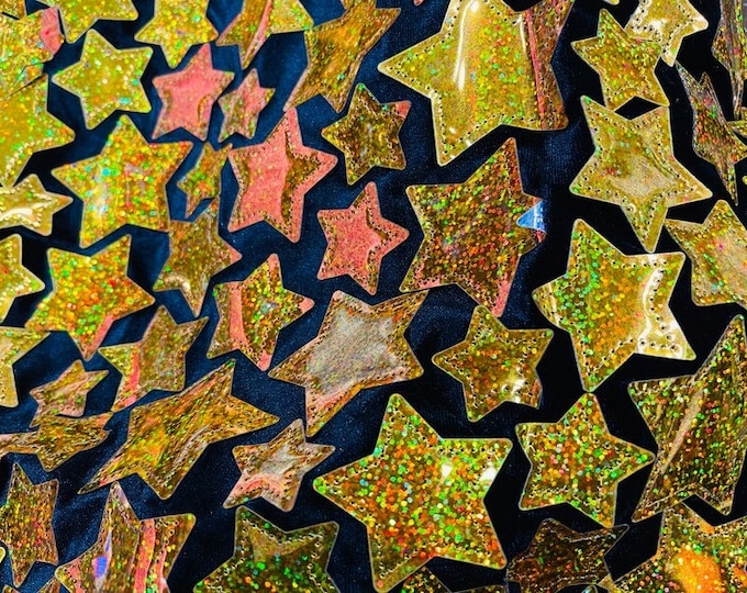 Gold hologram Iridescent sequin Stars On Black Stretch Velvet Fabric Sold By The Yard
