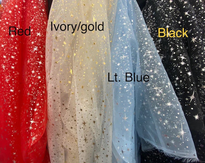 Star sparkle Bursts Sheer on beige / gold Organza 58 Inch Wide Fabric