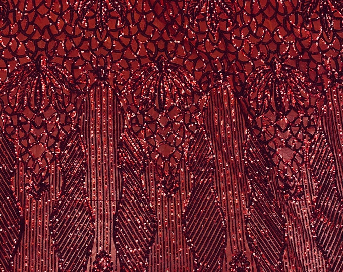 Sequin red on red mesh, 4-way Stretch, Fabric 54" Sold By the Yard, Wedding, Prom, Dresses, Lingerie, Pageant