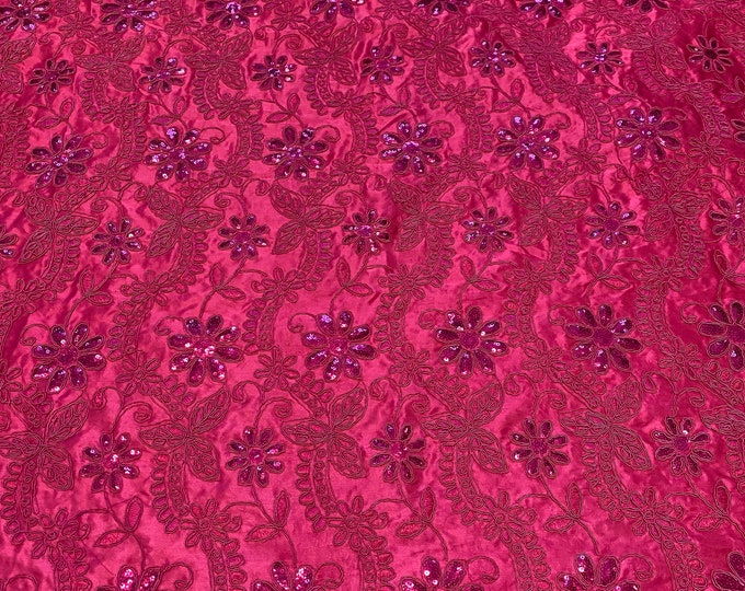Fuchsia Sequin floral with fuchsia satin fabric per yard