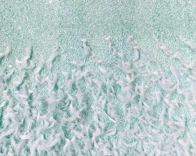 Mint sequin stretch velvet with feathers , 4-Way stretch  fabric by the yard 60" Wide