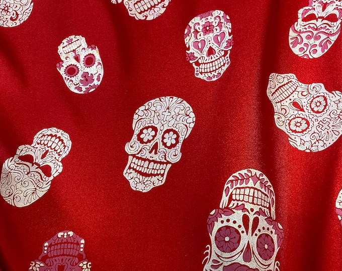 White Skull on red  Stretch Spandex Fabric by the yard 60 " Wide