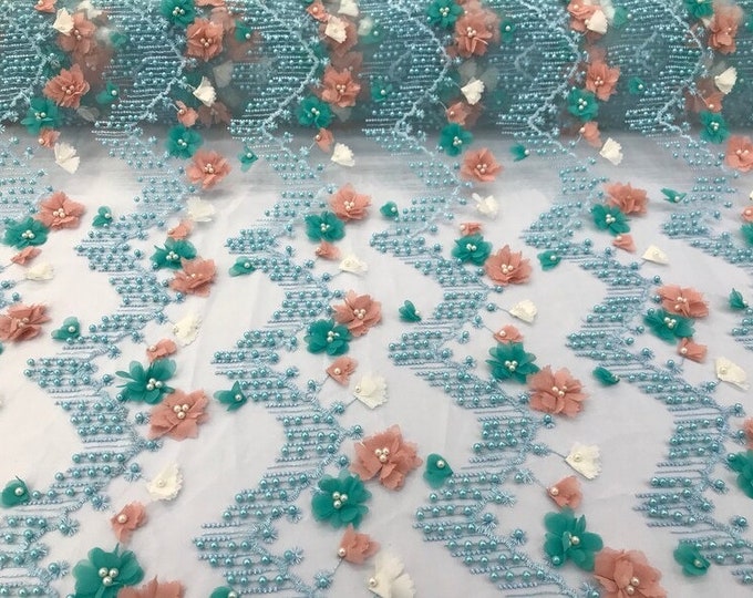 Aqua 3d multi color flowers embroidery with pearl chevron design scalloped, sold by the yard 54” wide