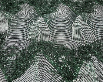Green fringe sequins design on a 4 way stretch fabric-prom-nightgown-sold by the yard
