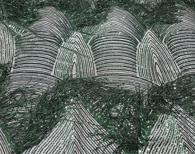 Green fringe sequins design on a 4 way stretch fabric-prom-nightgown-sold by the yard