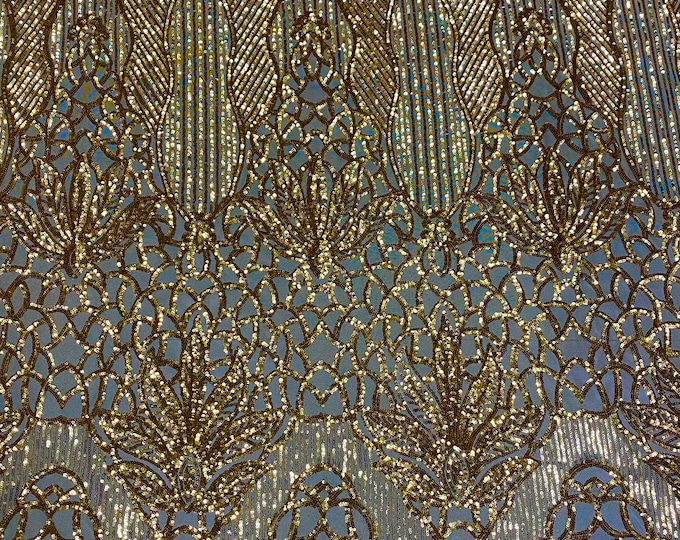 Stretch Sequin gold on yellow mesh, 4-way Fabric 54"