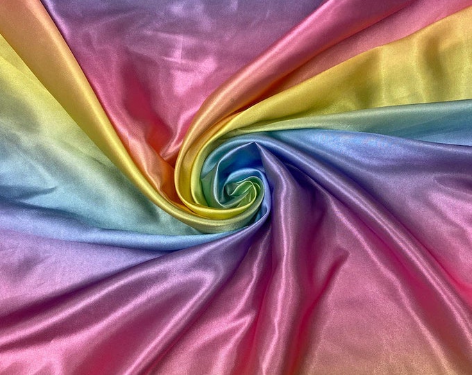 Rainbow print shiny satin, 60" wide, non-stretch, sells by the yard
