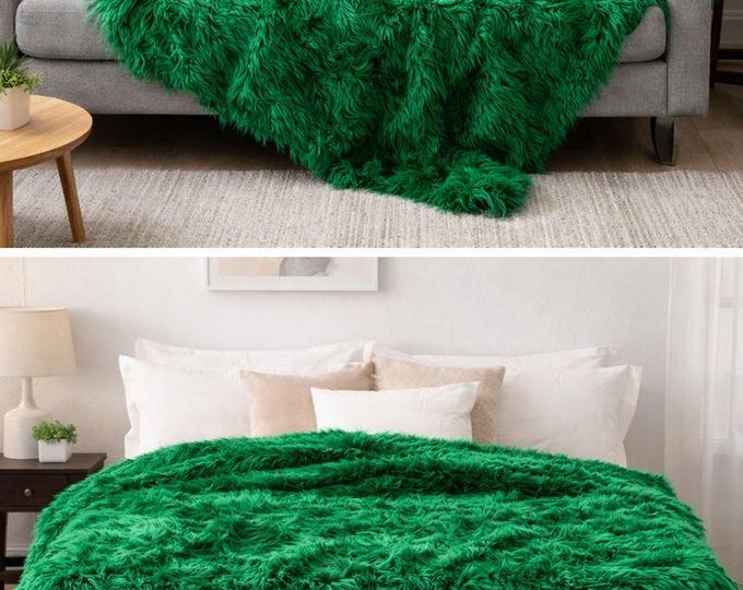 108" x 60" Green faux fur Shaggy Throw Blanket / Bed Spread Coverlet  / Soft Ultra Suede Lining