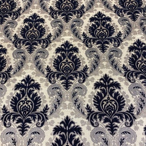 Navy Silver Gieneda Chenille Fabric  Damask Print upholstery furniture fabric by the yard