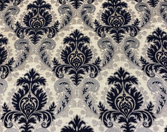 Navy Silver Gieneda Chenille Fabric  Damask Print upholstery furniture fabric by the yard