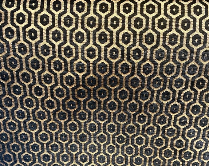 Gold honeycomb on black heavy chenille Upholstey fabric by the yard 54” wide