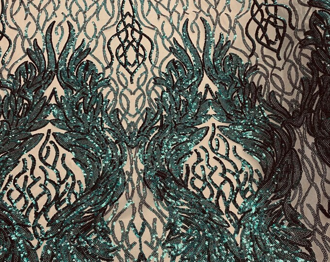 Teal damask sequin on stretch nude mesh fabirc 54” wide