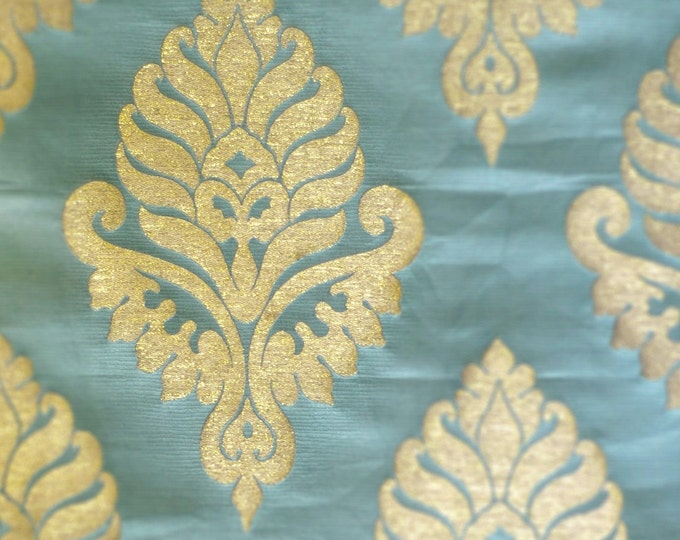 Jacquard Turquoise Glitter Damask Drapery Upholstery 57" Wide Fabric Sold By The Yard