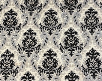 Black Silver Gieneda Chenille Fabric  Damask Print upholstery furniture fabric by the yard