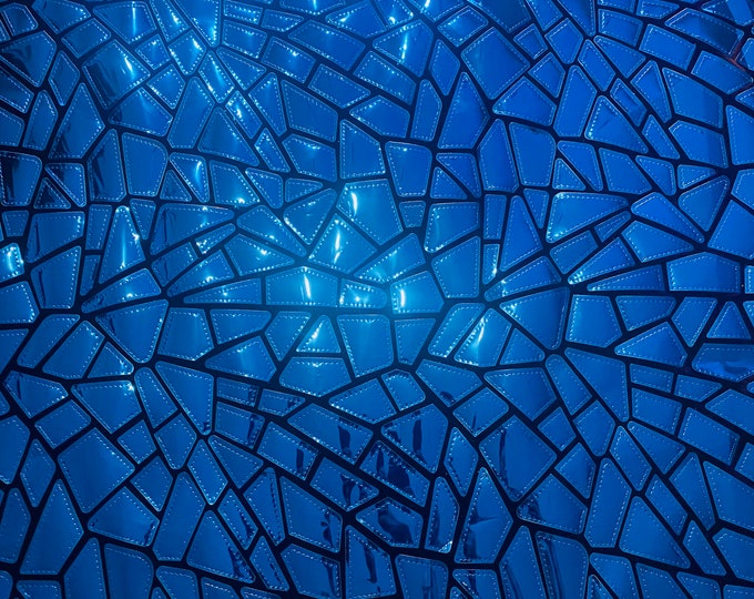 Royal blue Shiny Broken Glass Sequin Geometric On Black Stretch Velvet Fabric Sold By The Yard