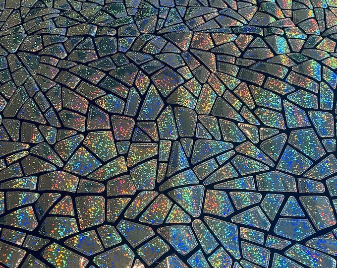 Silver mystique Broken Glass Sequin Geometric On Black Stretch Velvet Fabric Sold By The Yard