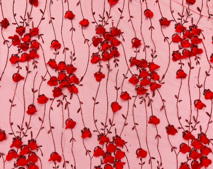 Red 3d satin flower glitter sequin fabric for prom wedding apparel fashion and more