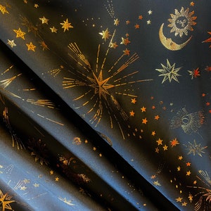 Black gold stars and moon Spandex Fabric Stretch Nylon Spandex sold by yard Dresses, Costumes, Gowns,  Clothing Linings