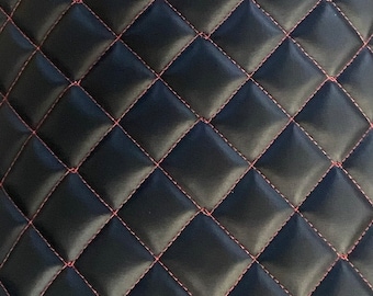 2x2” diamond Vinyl Leather Faux smooth PVC Black Red stitch Quilted fabric 52" Wide