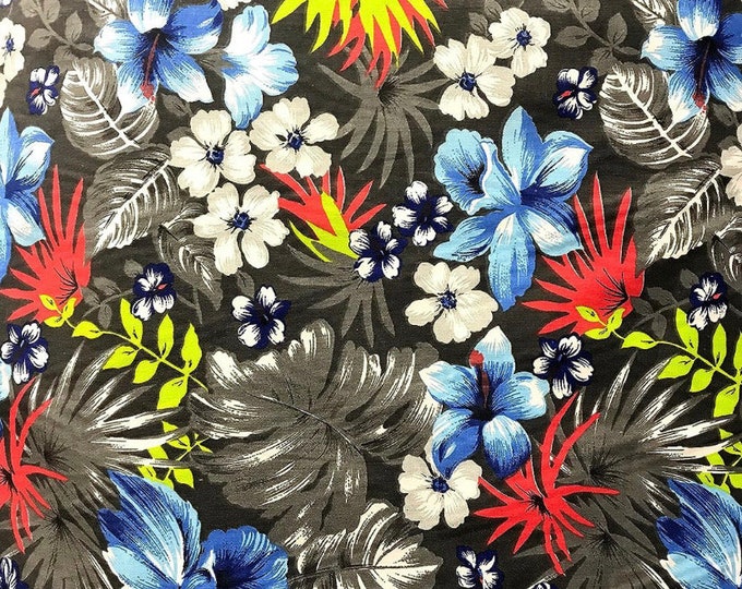 Gray Hawaiian Flowers Print Poly Cotton Fabric, Sells by The Yard