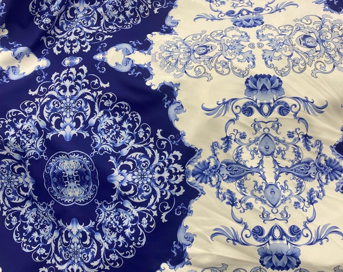 Damask 4-Way Stretch Spandex blue white by the yard 60 " Wide