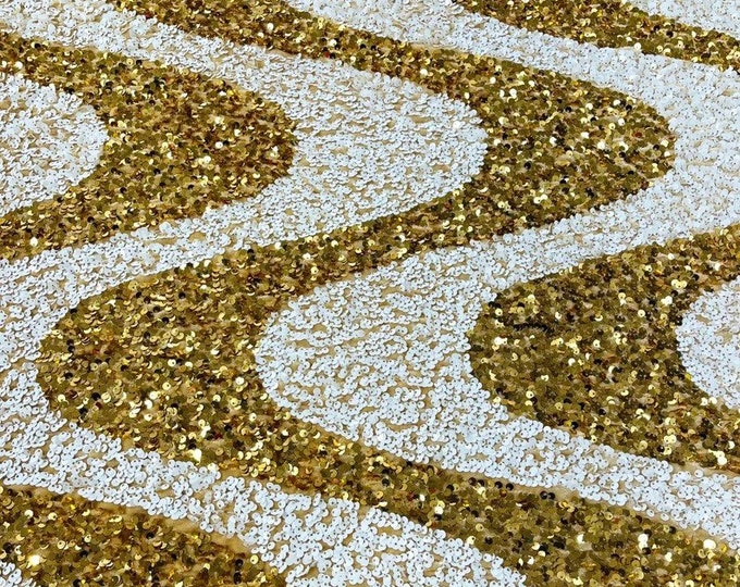 Gold sequin Wave Design On white stretch velvet all over 5mm shining sequins 2-way stretch, sold by the yard.